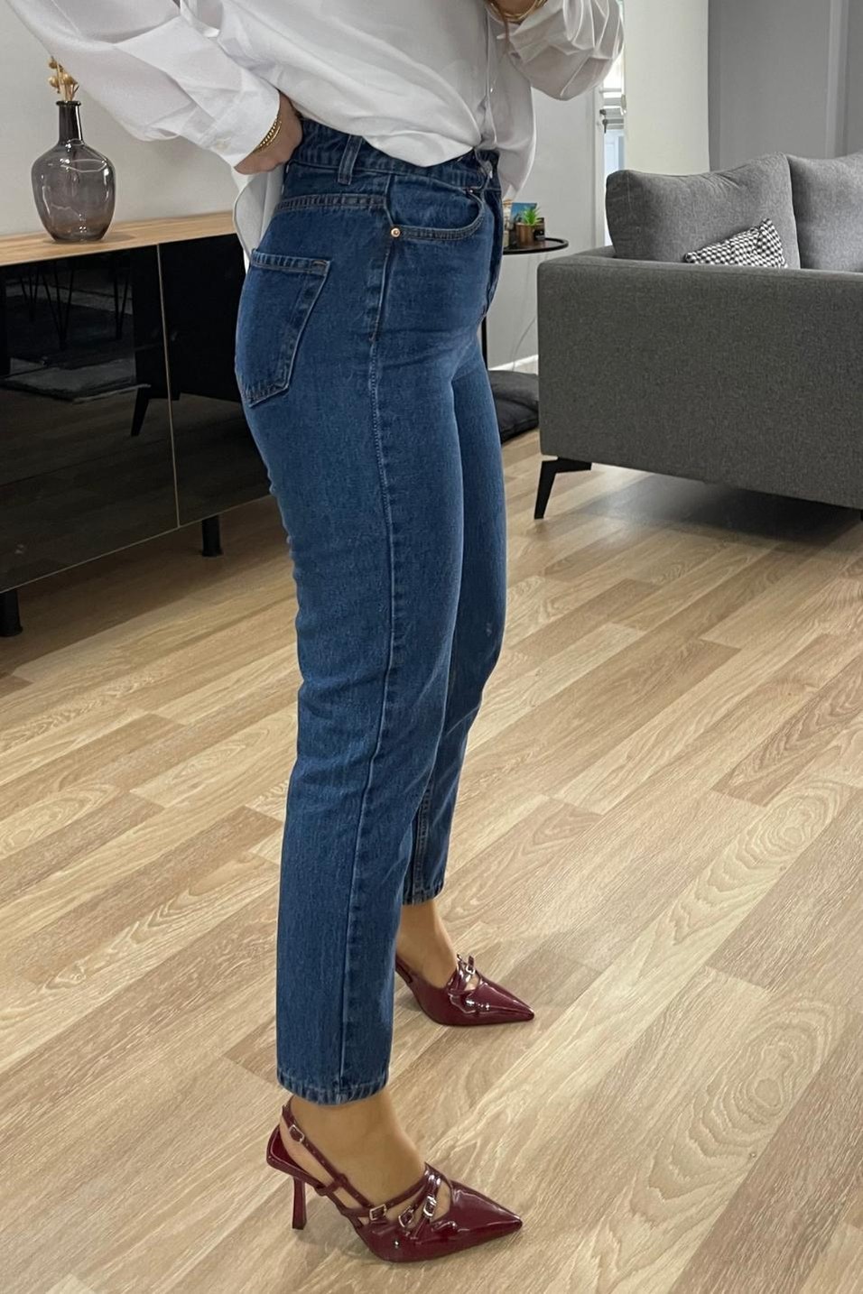 Kot PantolonSade Mom Jean Koyu Mavi