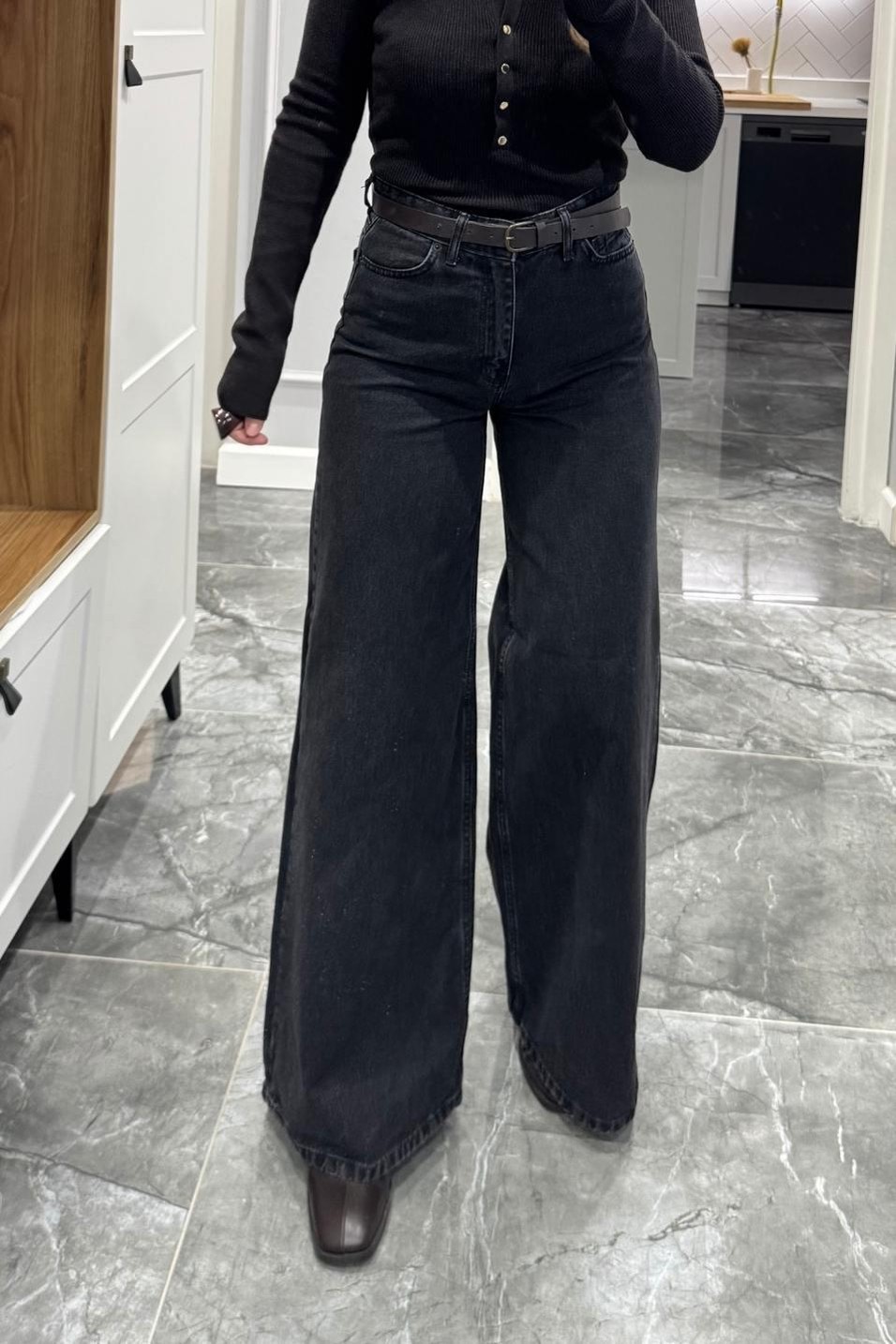 Kot PantolonZr Baggy Yüksek Bel Bol Paça Jean Füme