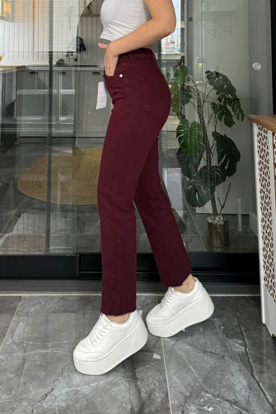 Kot PantolonZr Model Boyfit Jean Bordo