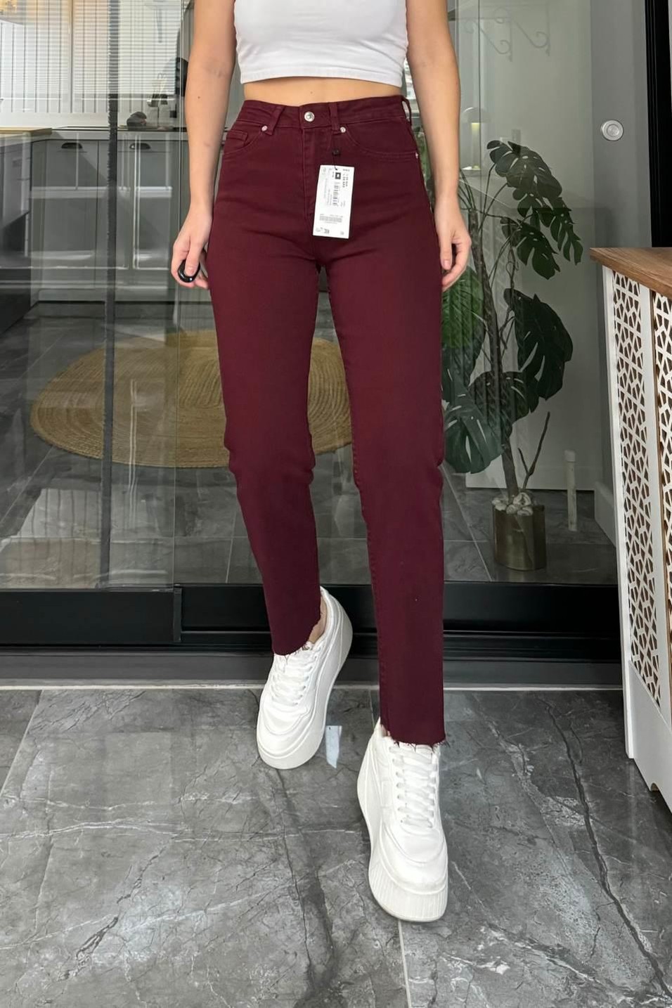 Kot PantolonZr Model Boyfit Jean Bordo