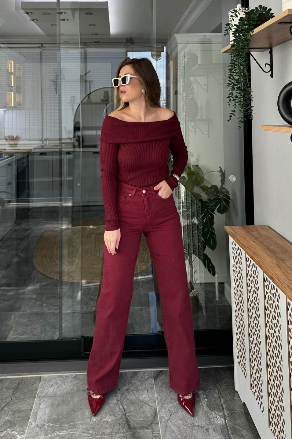 Kot PantolonZr Model Straight Jean Bordo