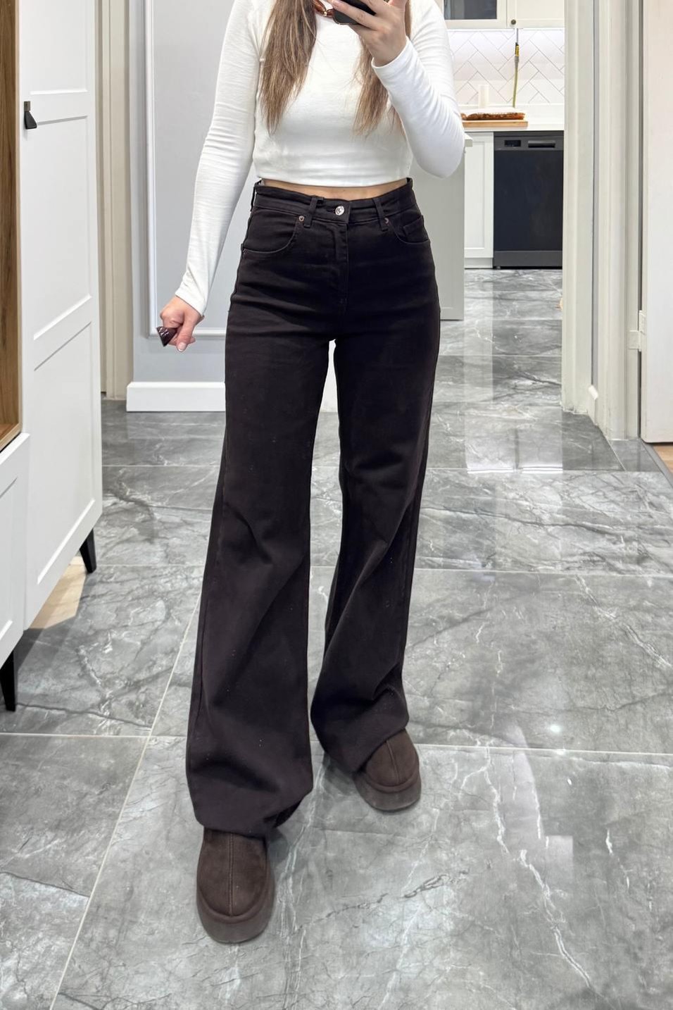 Kot PantolonZr Model Wide Leg Jean Acı Kahve
