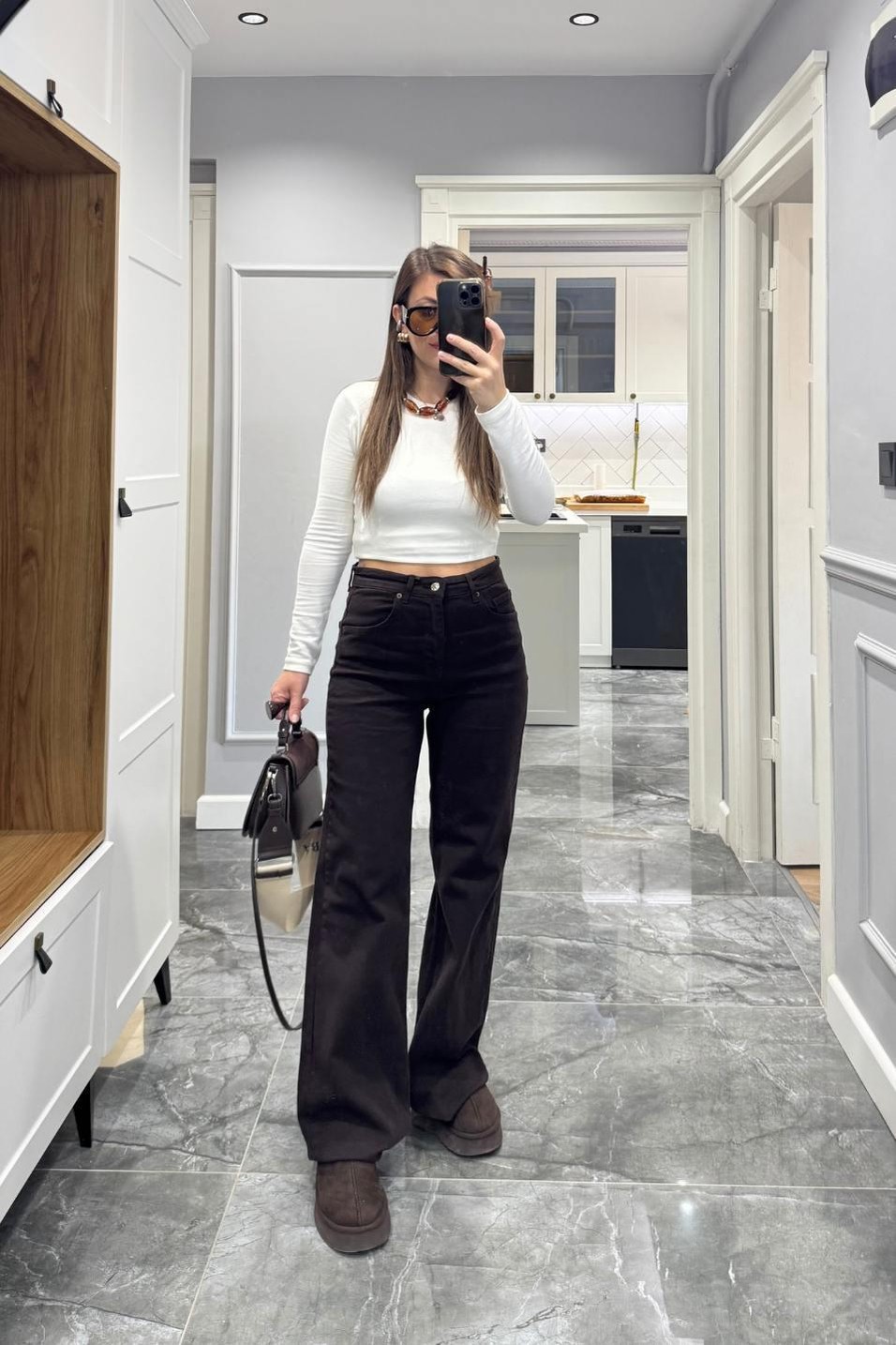 Kot PantolonZr Model Wide Leg Jean Acı Kahve