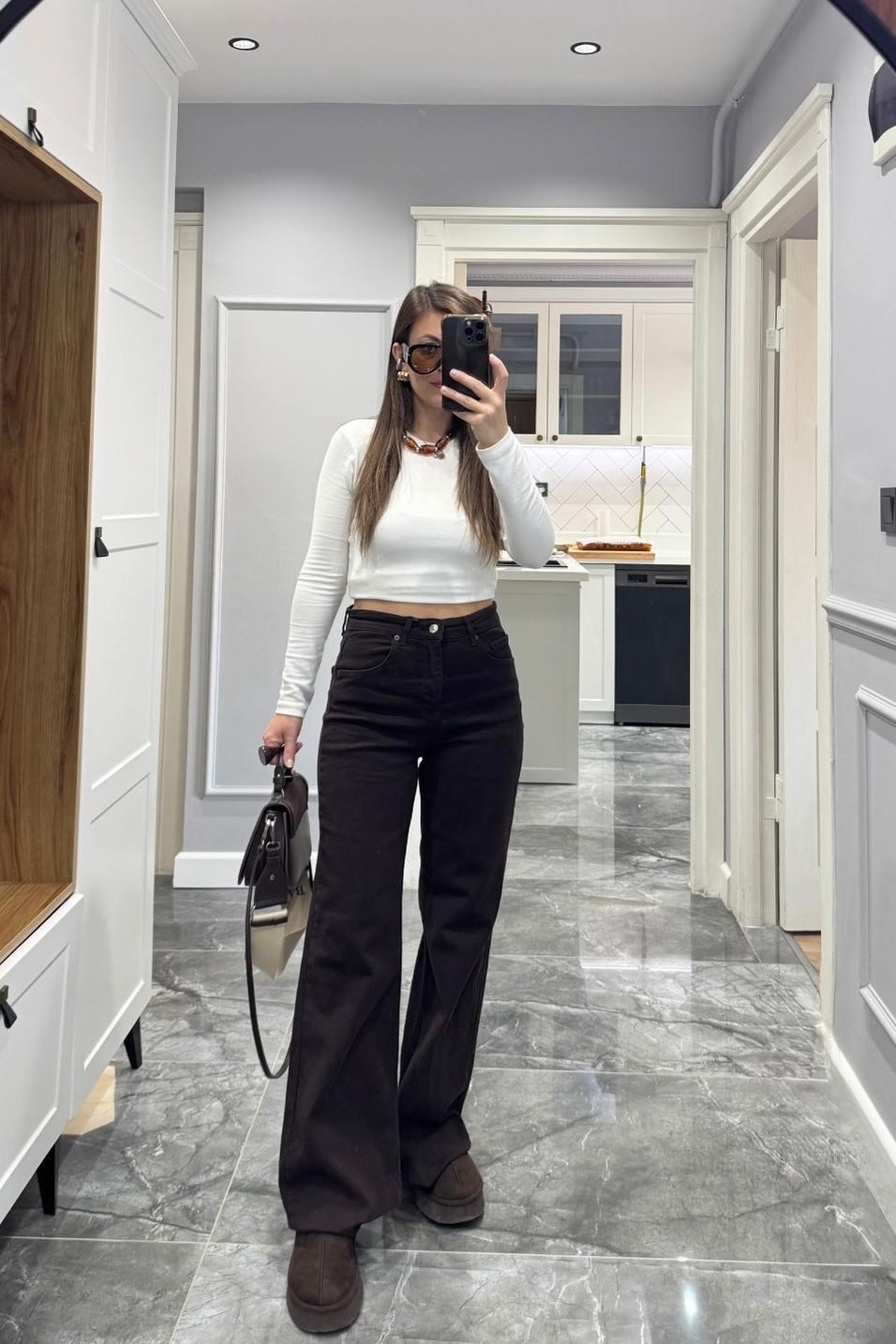 Kot PantolonZr Model Wide Leg Jean Acı Kahve