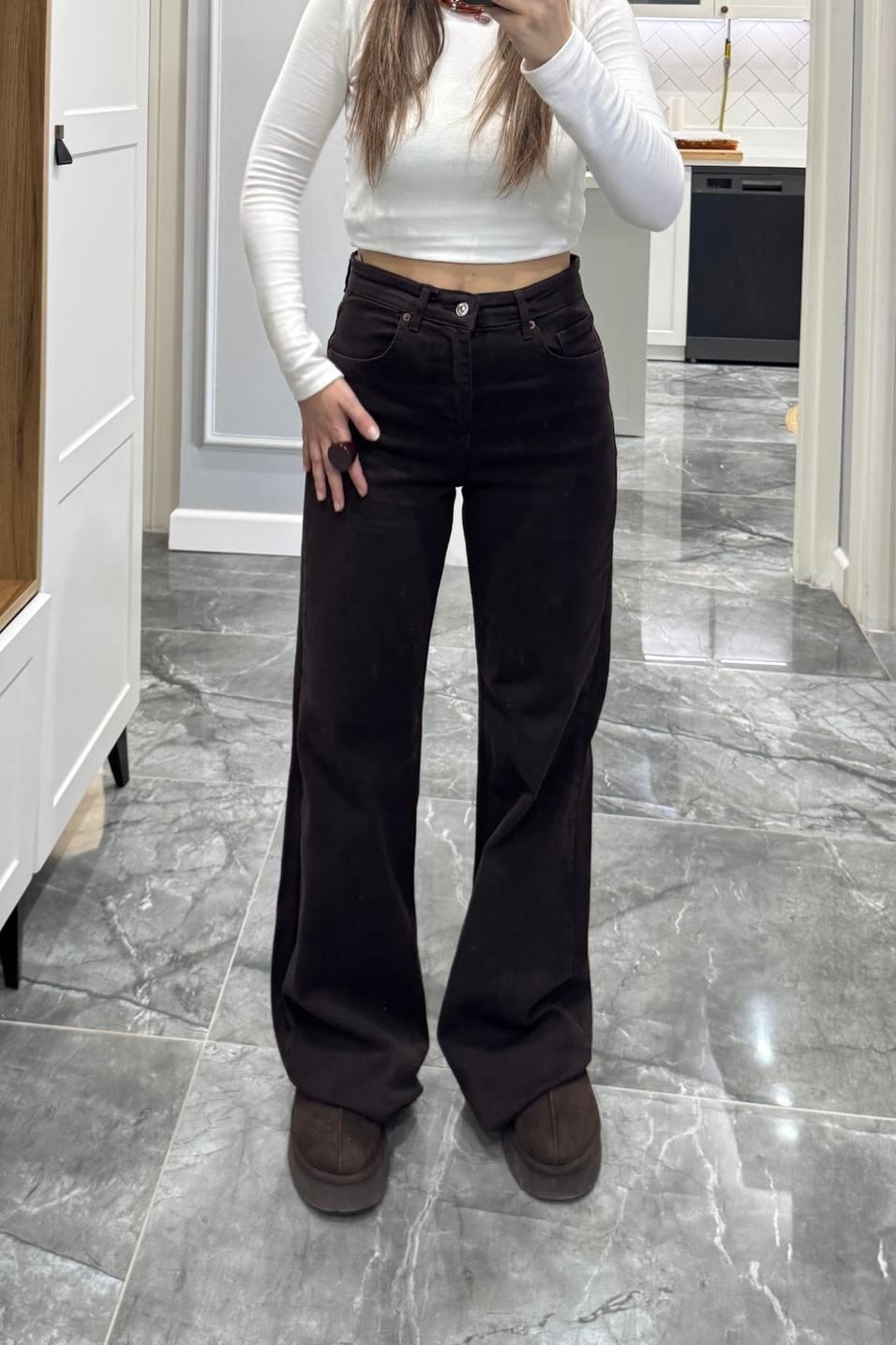 Kot PantolonZr Model Wide Leg Jean Acı Kahve