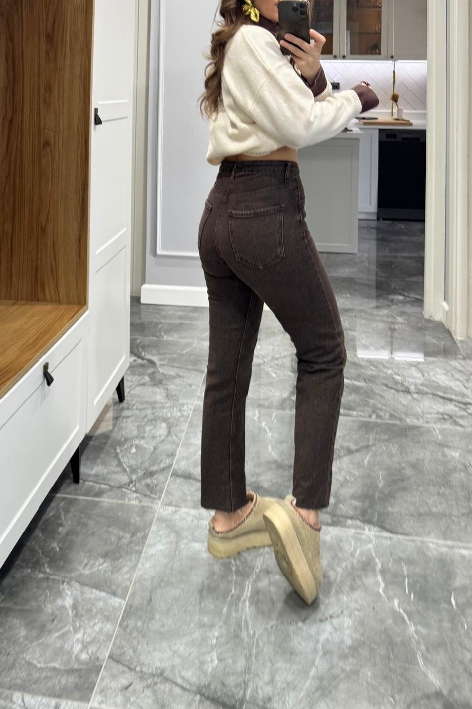 Kot PantolonZr Model Yıkamalı Boyfit Jean Acı Kahve