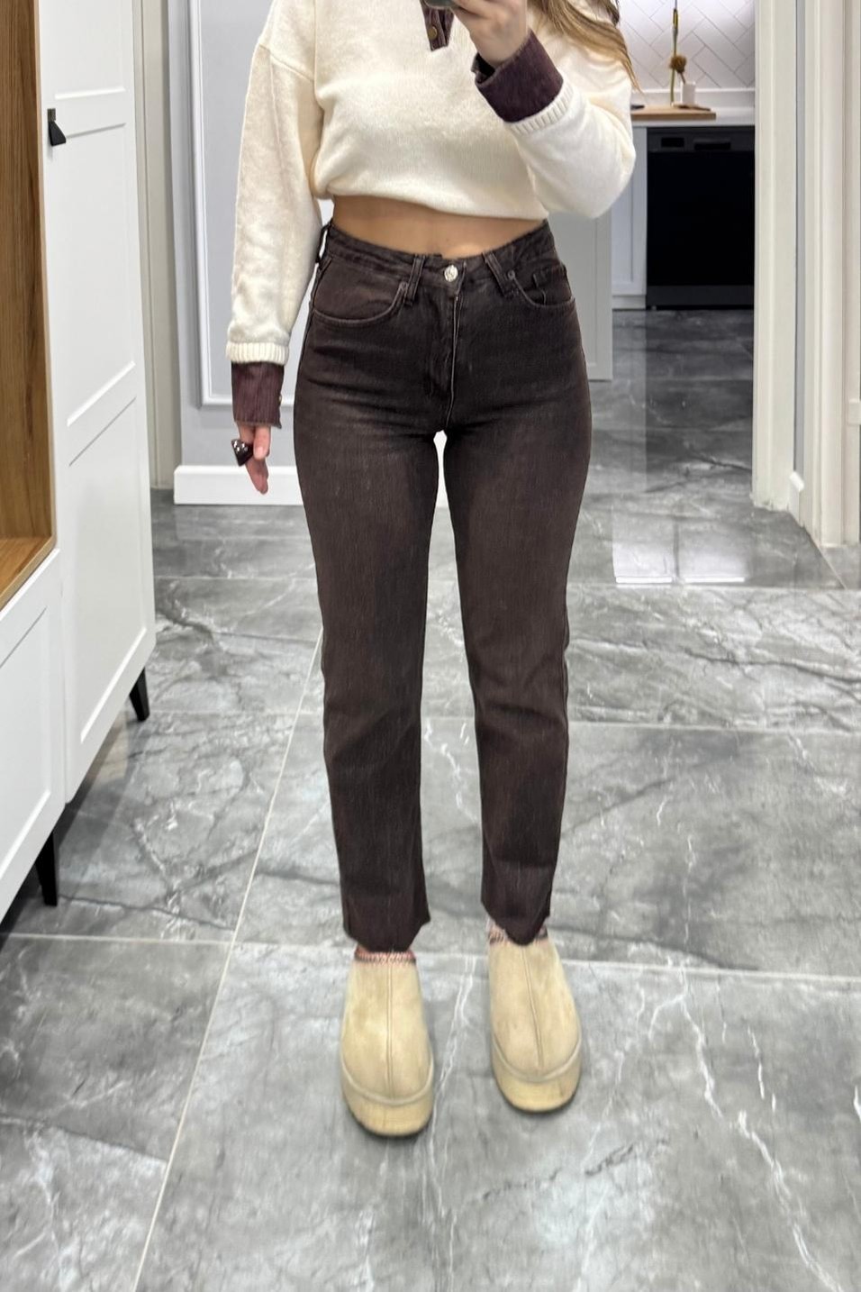 Kot PantolonZr Model Yıkamalı Boyfit Jean Acı Kahve