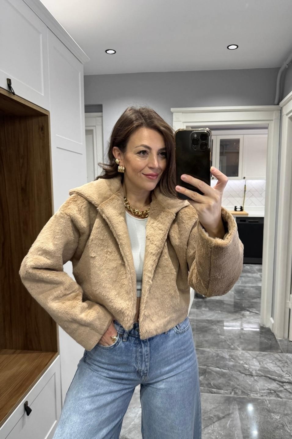 MontPremium Crop Kürk Mont Camel