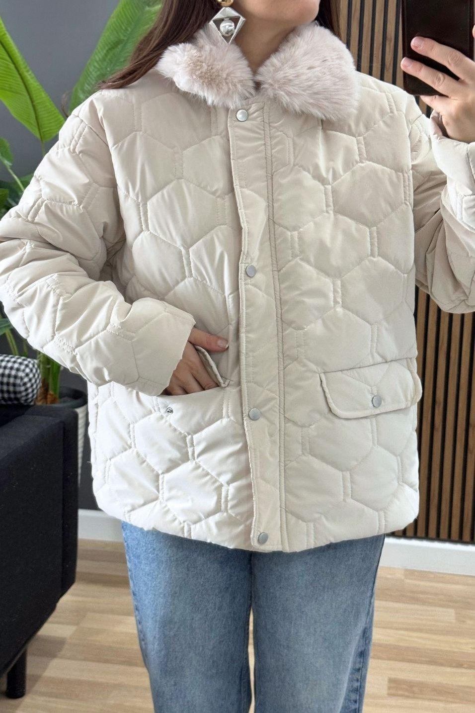 MontYakası Kürklü Kapitone Mont Bej