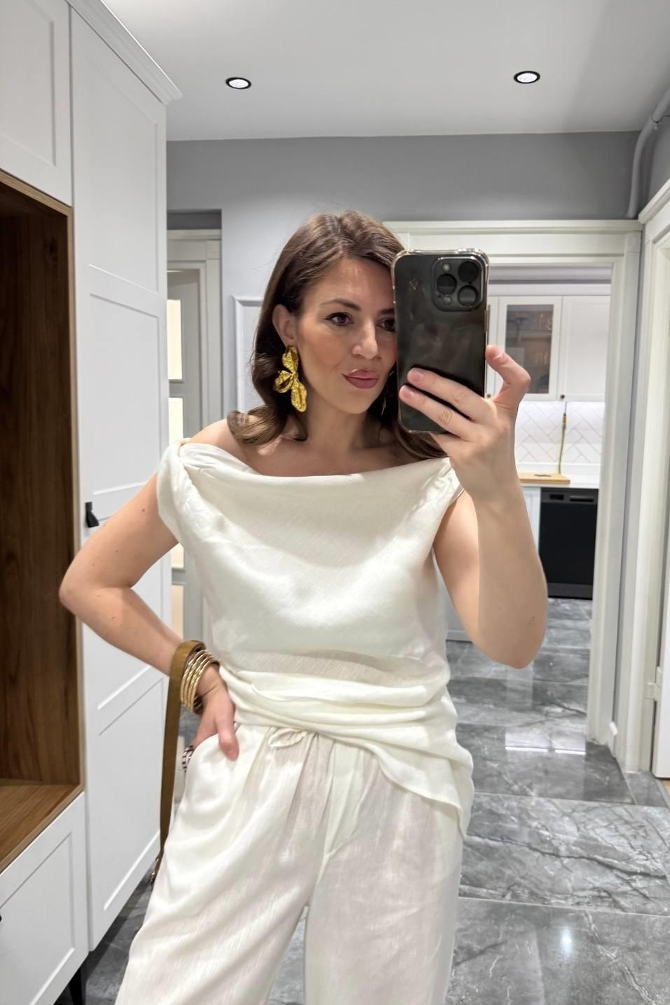 PantolonAsimetrik Kesim Tek Omuz Düşük Keten Takım Beyaz