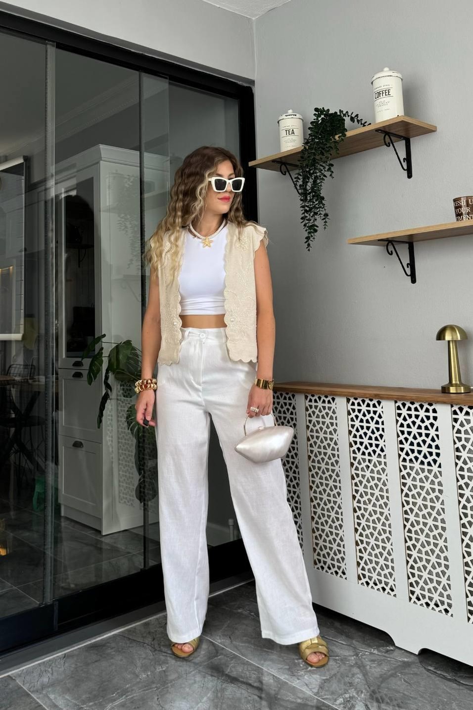 PantolonAstarlı Keten Palazzo Pantolon Beyaz