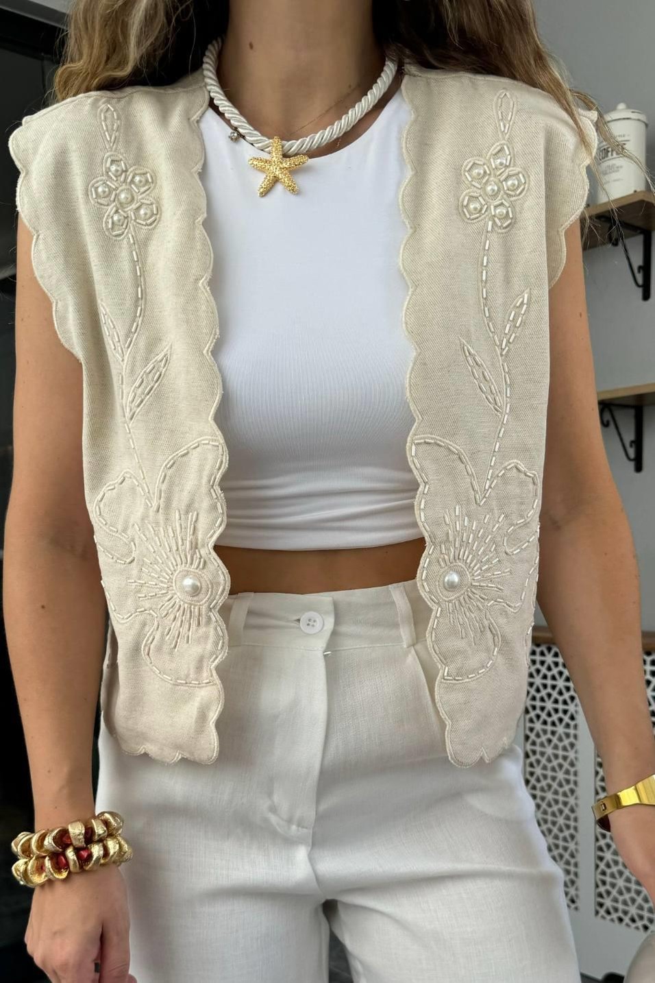 PantolonAstarlı Keten Palazzo Pantolon Beyaz