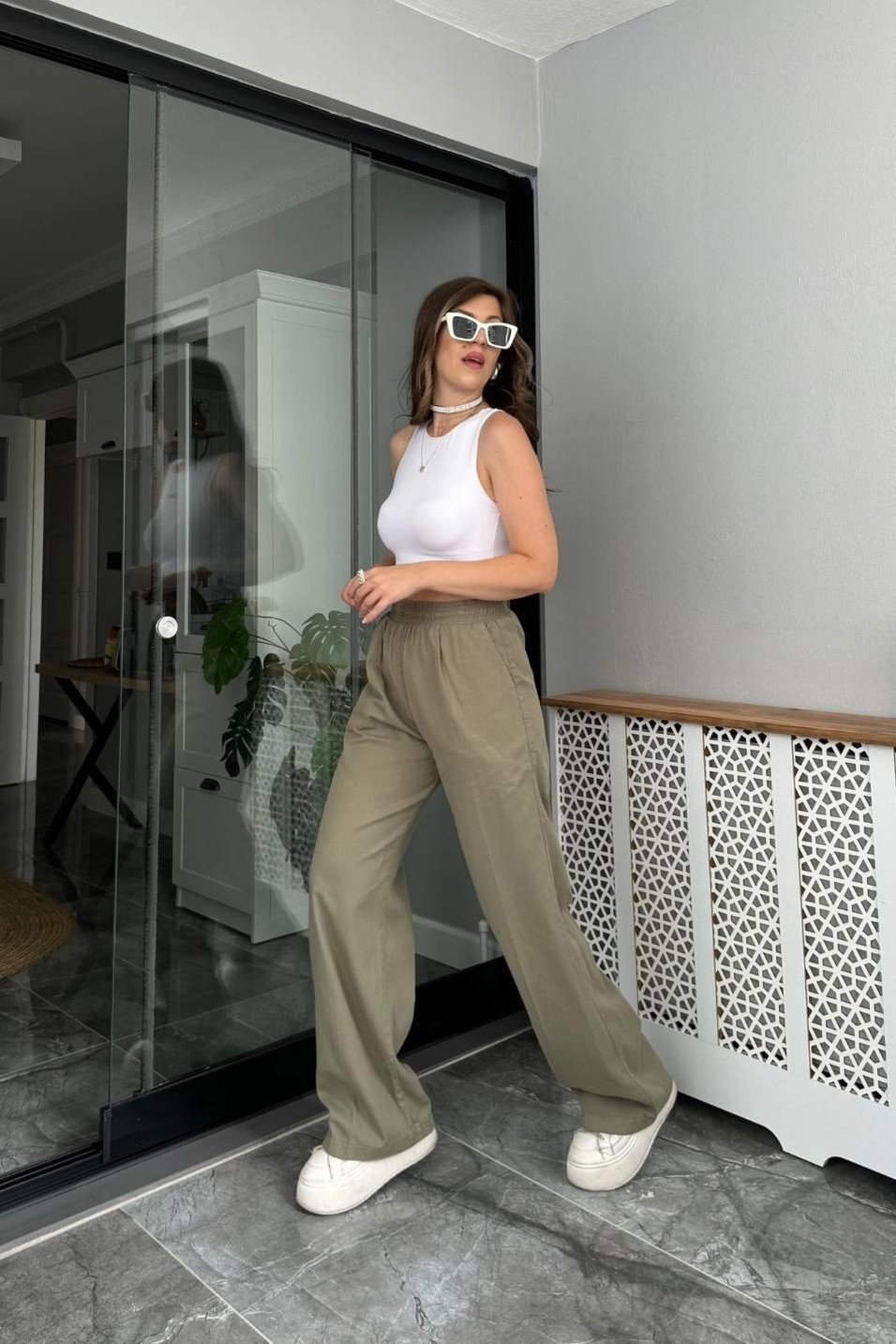PantolonBel Lastikli Palazzo Pantolon Haki Yeşil