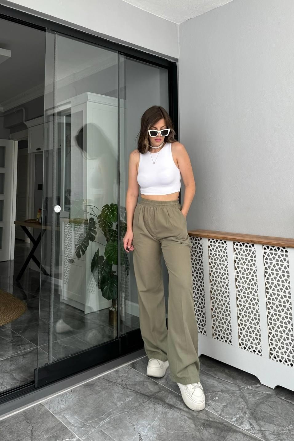 PantolonBel Lastikli Palazzo Pantolon Haki Yeşil