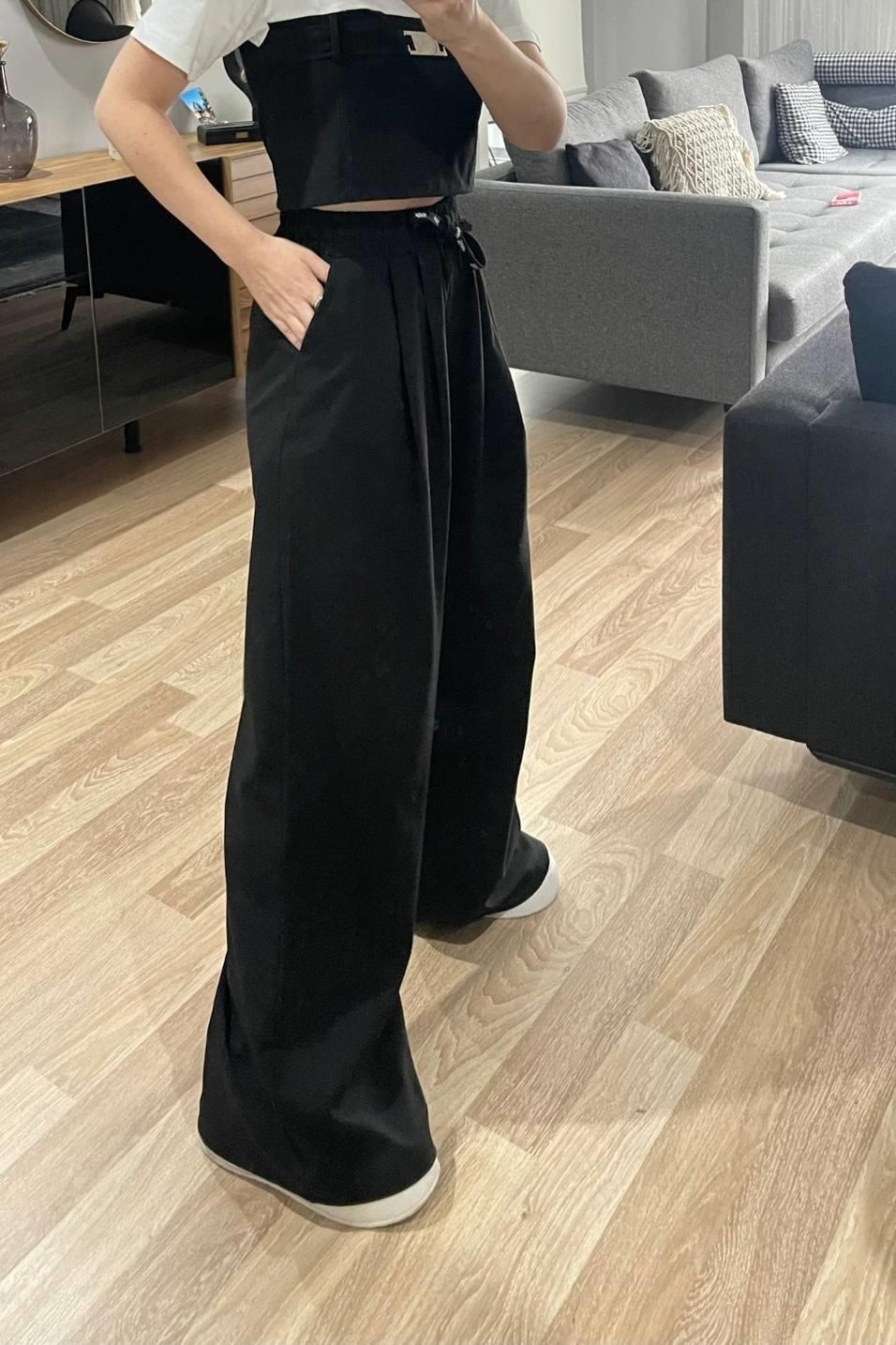 PantolonBol Paça Pileli Beli Lastikli Pantolon Siyah