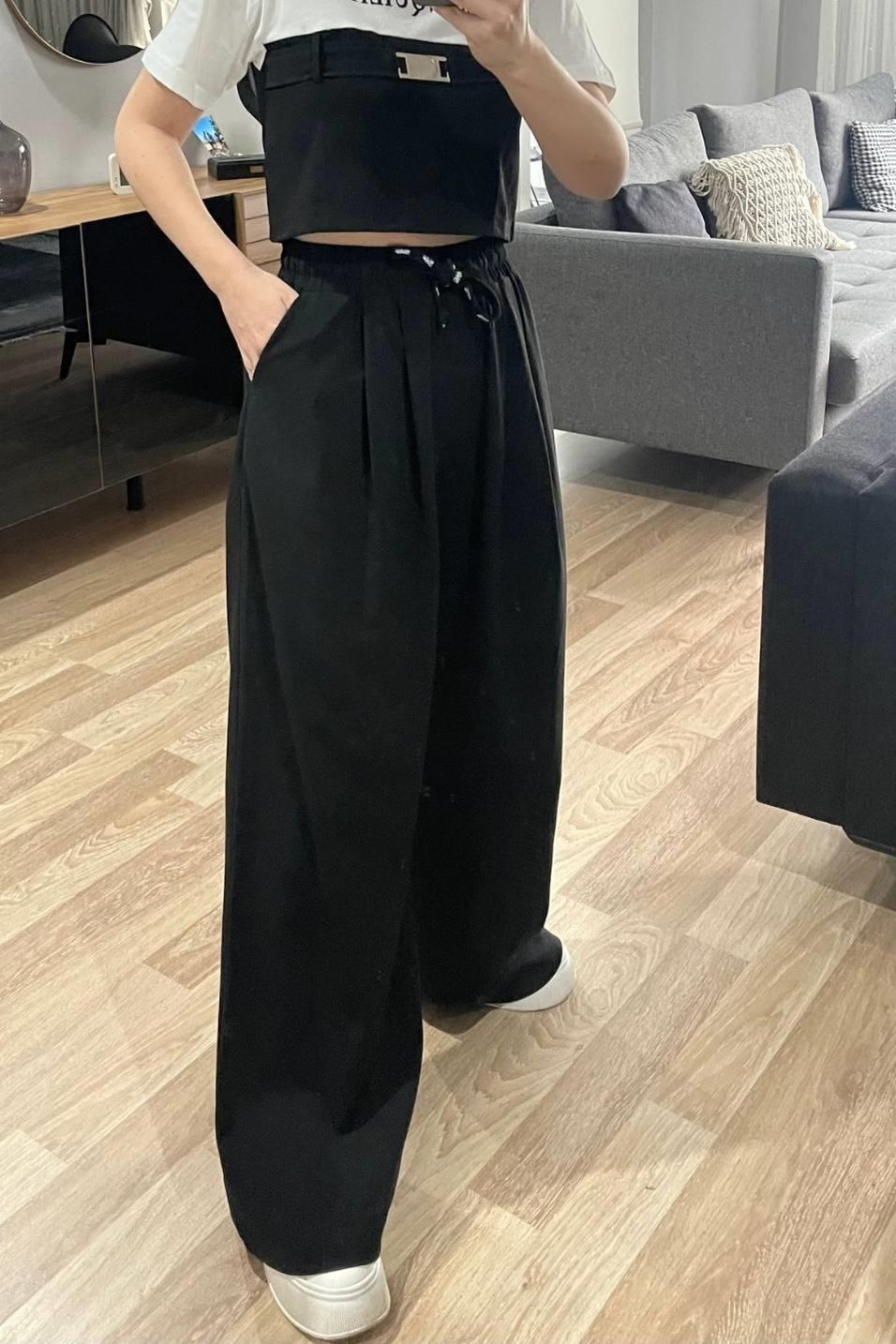 PantolonBol Paça Pileli Beli Lastikli Pantolon Siyah