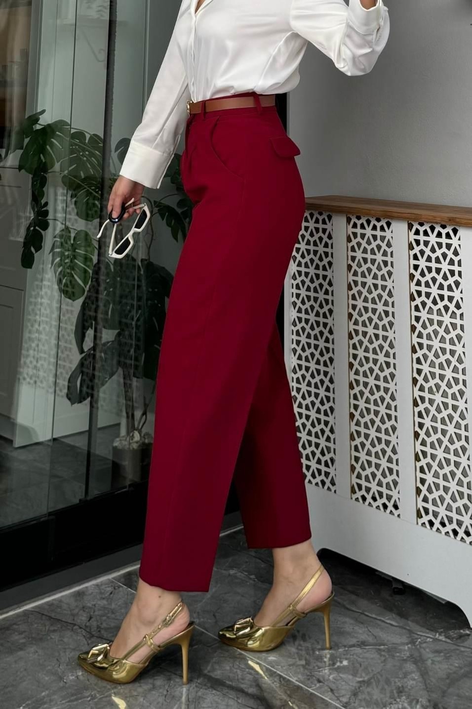 PantolonKemerli Premium Kumaş Pantolon Bordo
