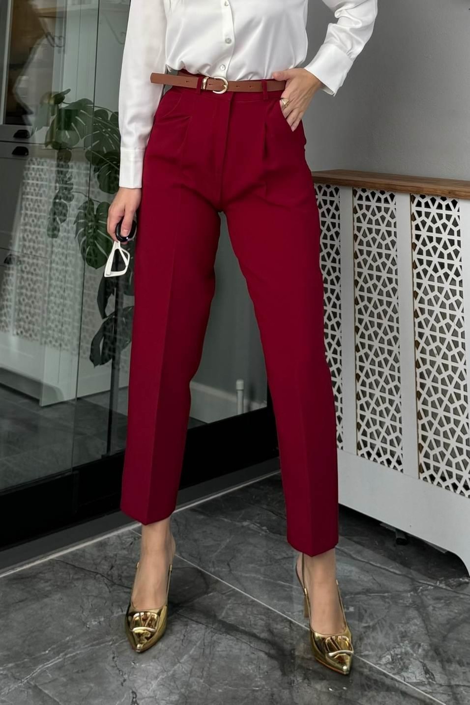 PantolonKemerli Premium Kumaş Pantolon Bordo