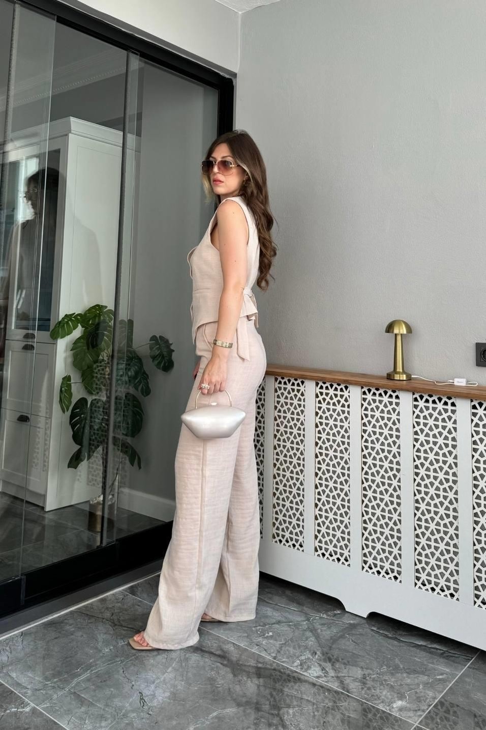 PantolonKuşak Detaylı Keten Palazzo Pantolon Taş