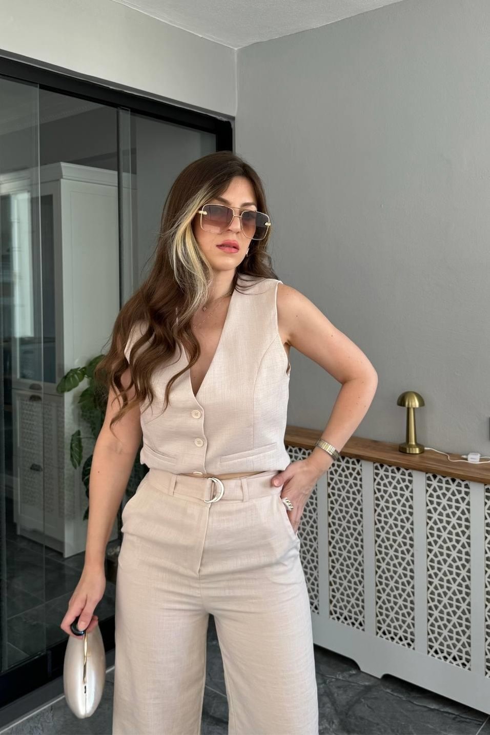 PantolonKuşak Detaylı Keten Palazzo Pantolon Taş