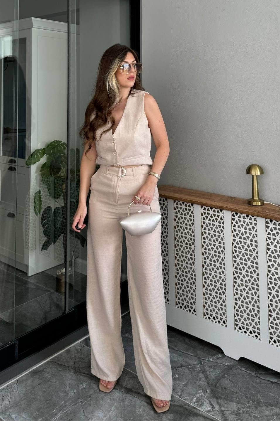 PantolonKuşak Detaylı Keten Palazzo Pantolon Taş