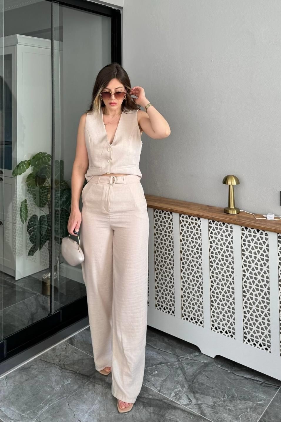 PantolonKuşak Detaylı Keten Palazzo Pantolon Taş