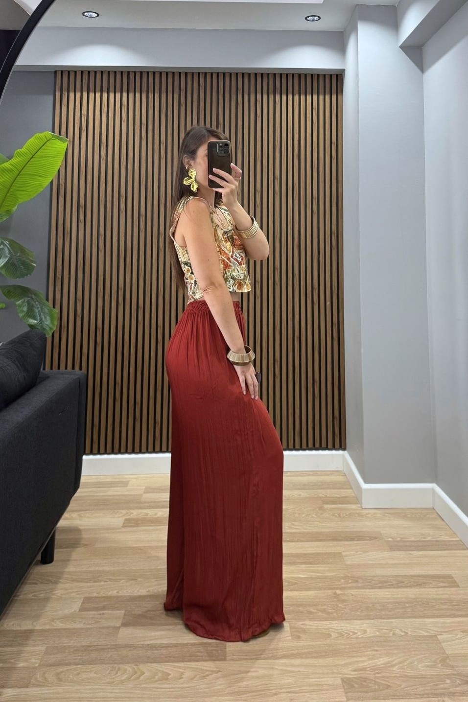 PantolonPileli Bel Lastikli Rahat Pantolon Kiremit