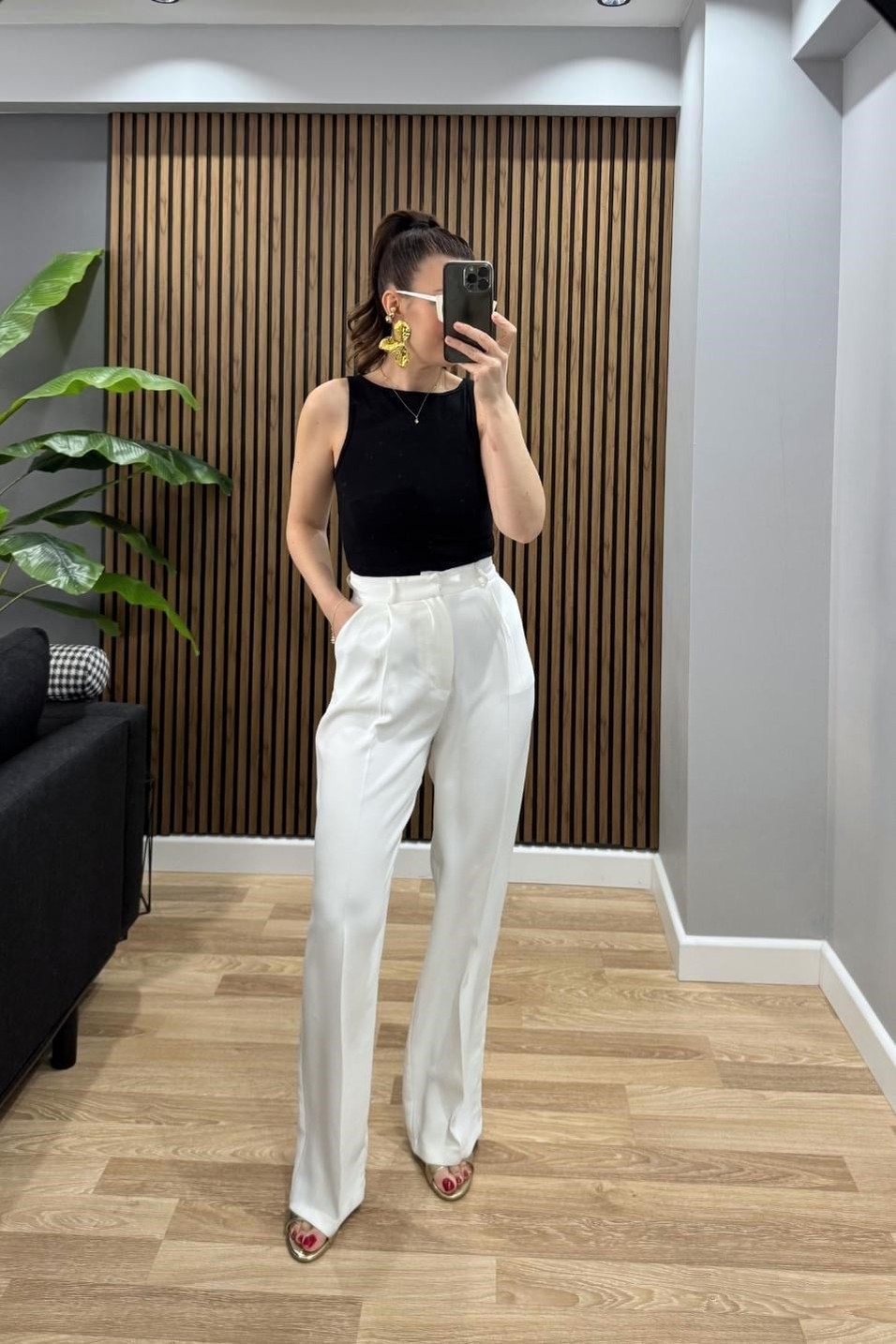 PantolonTek Pileli Premium Palazzo Pantolon Beyaz