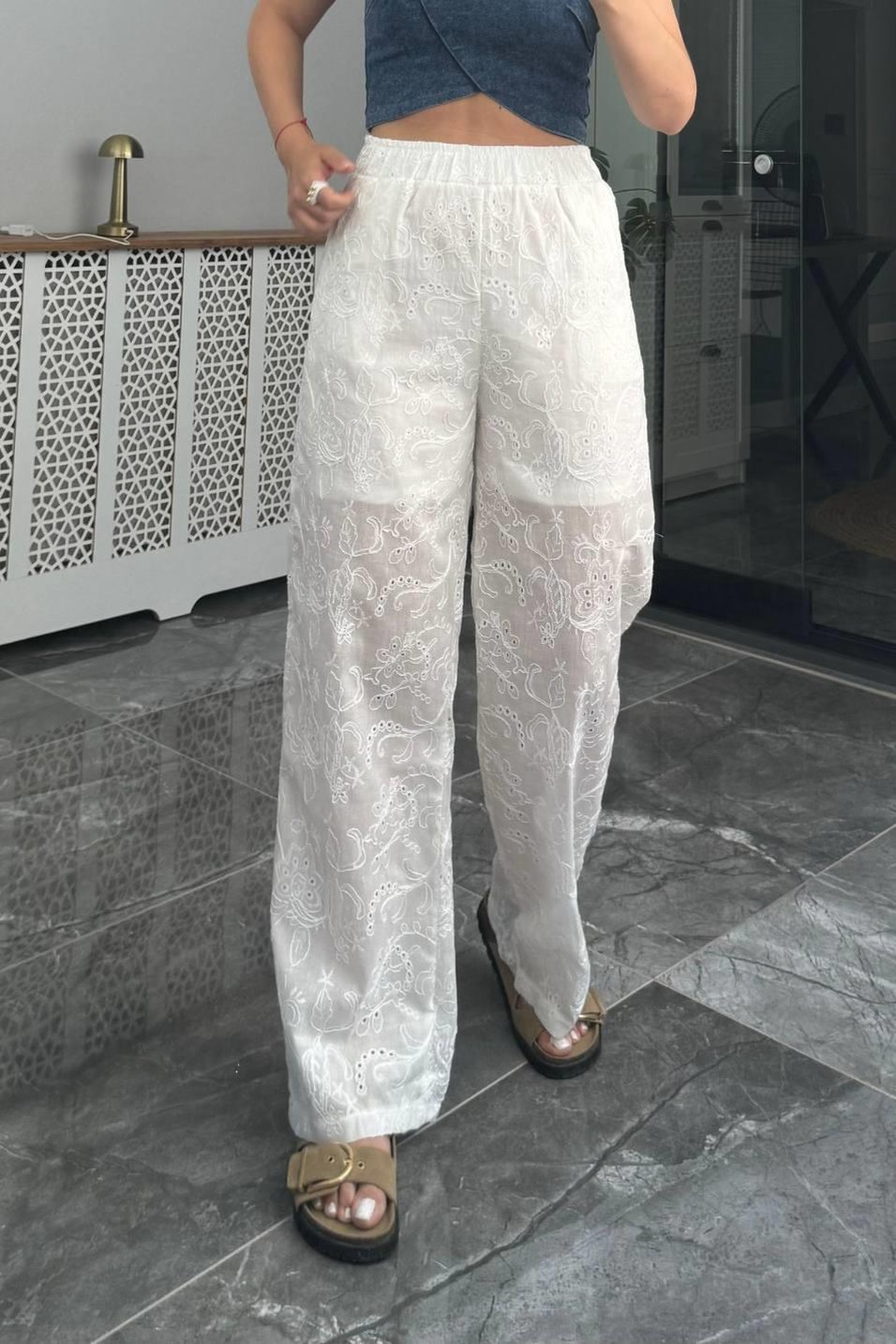 PantolonYarım Astarlı Güpür Desen Pantolon Beyaz