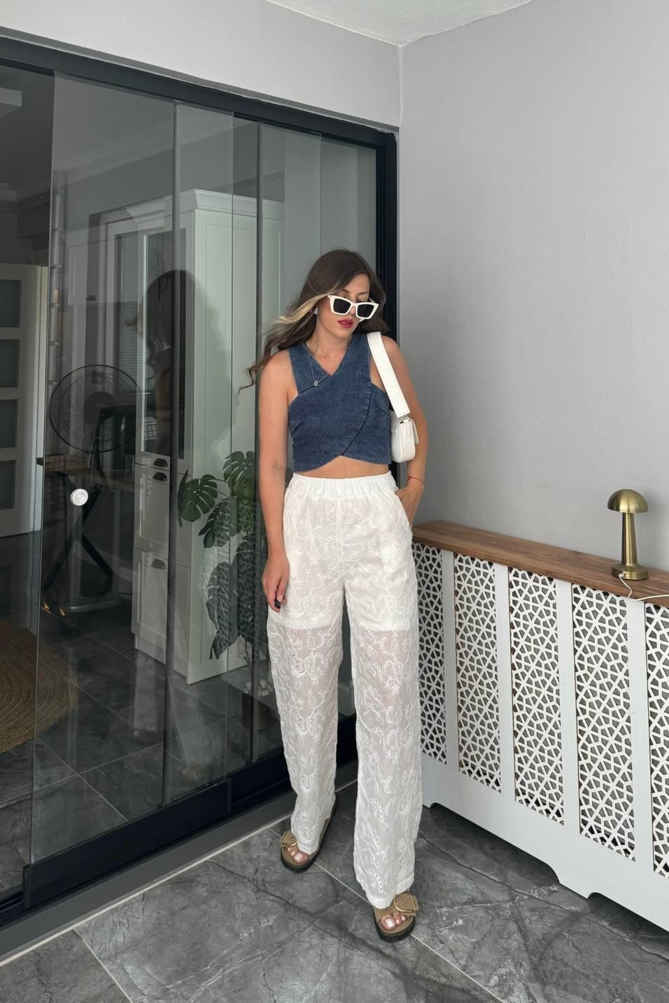 PantolonYarım Astarlı Güpür Desen Pantolon Beyaz