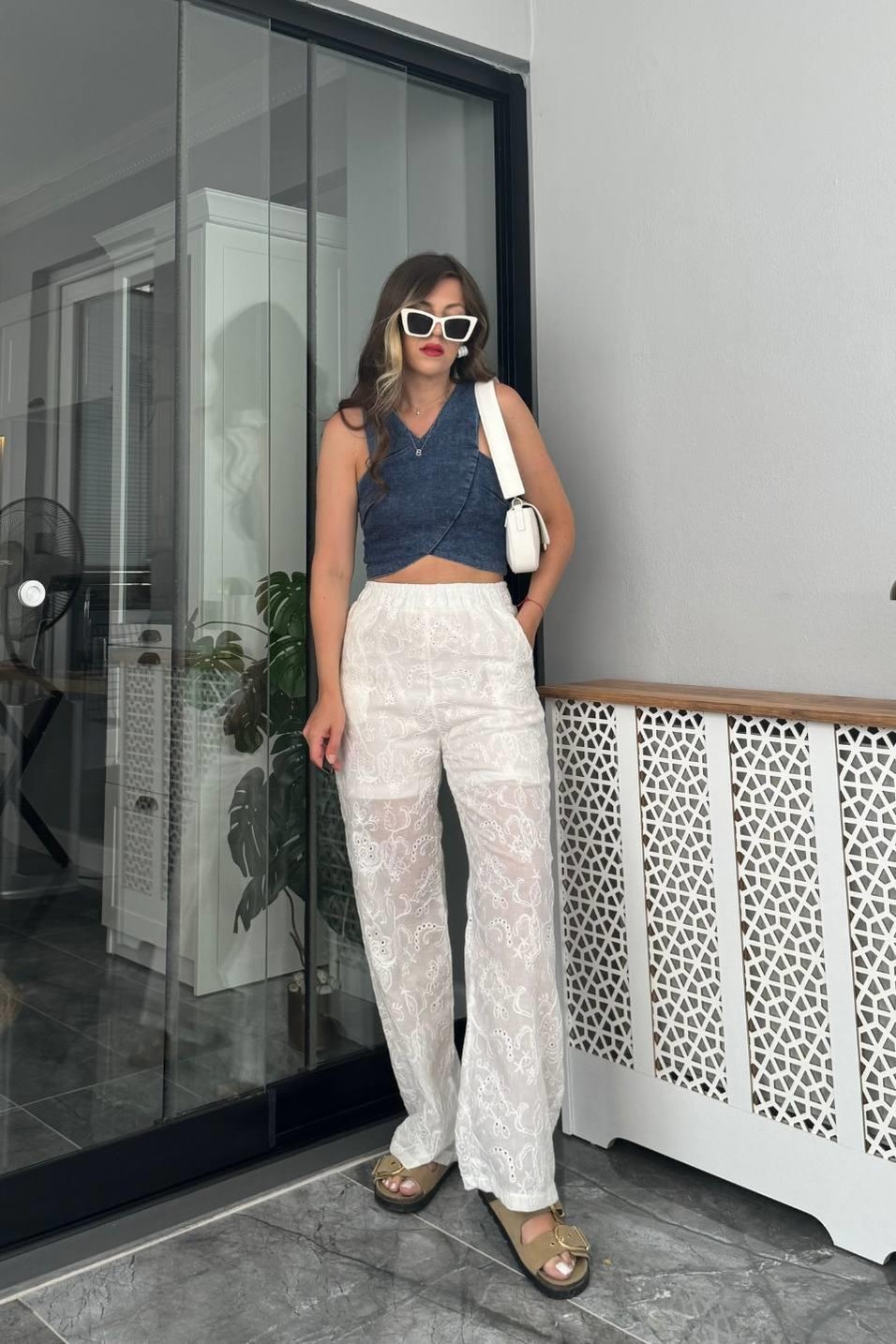 PantolonYarım Astarlı Güpür Desen Pantolon Beyaz