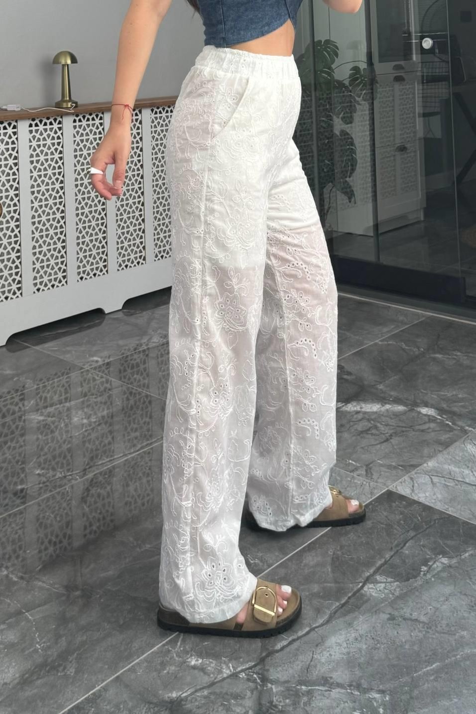 PantolonYarım Astarlı Güpür Desen Pantolon Beyaz