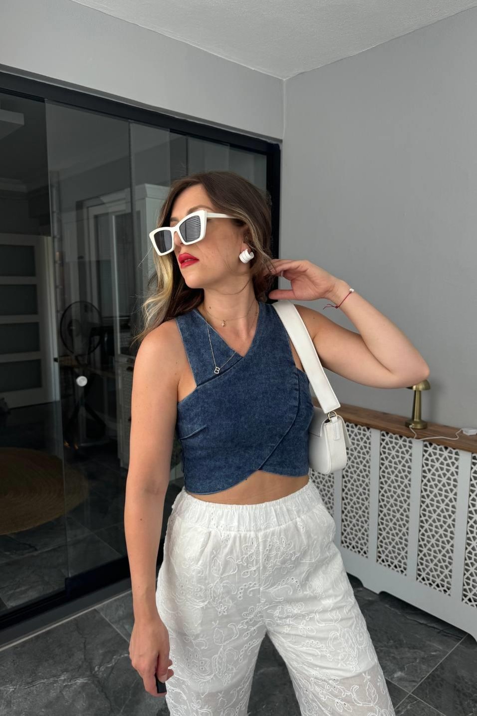 PantolonYarım Astarlı Güpür Desen Pantolon Beyaz