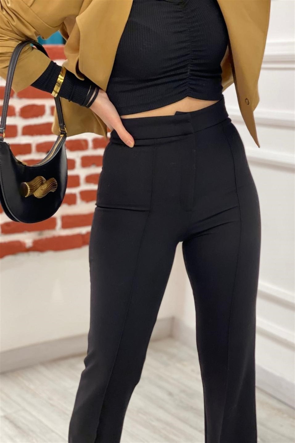 PantolonYırtmaçlı İspanyol Paça Pantolon Siyah