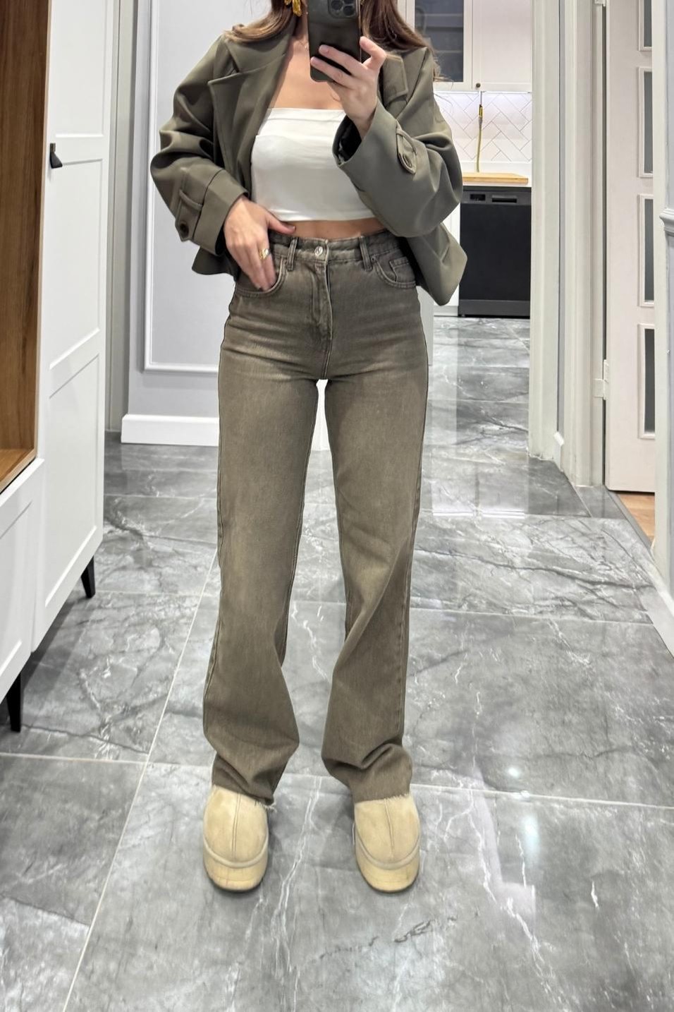 PantolonZr Model Yıkamalı Straight Jean Haki Yeşil