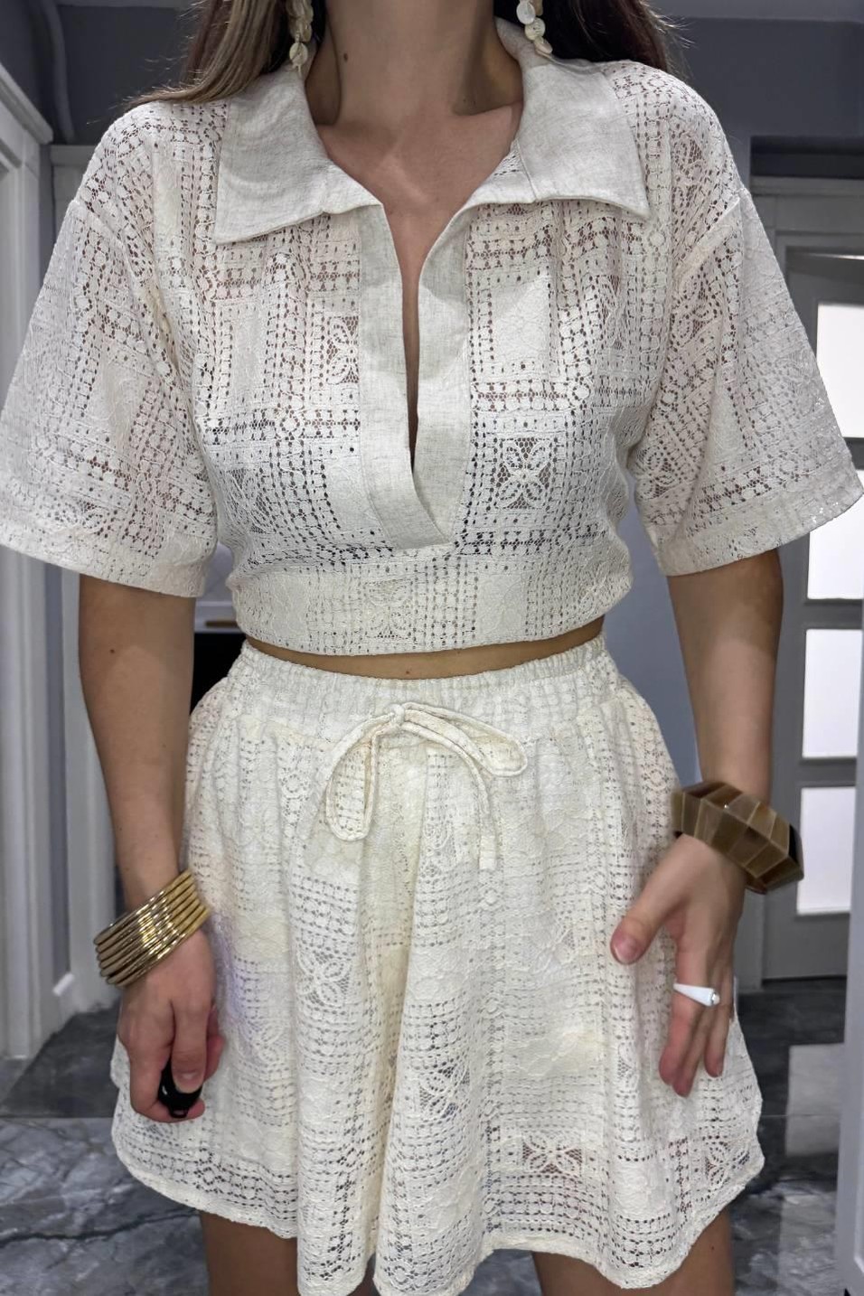 ŞortBel Lastikli Astarlı Lazerli Şort Natural