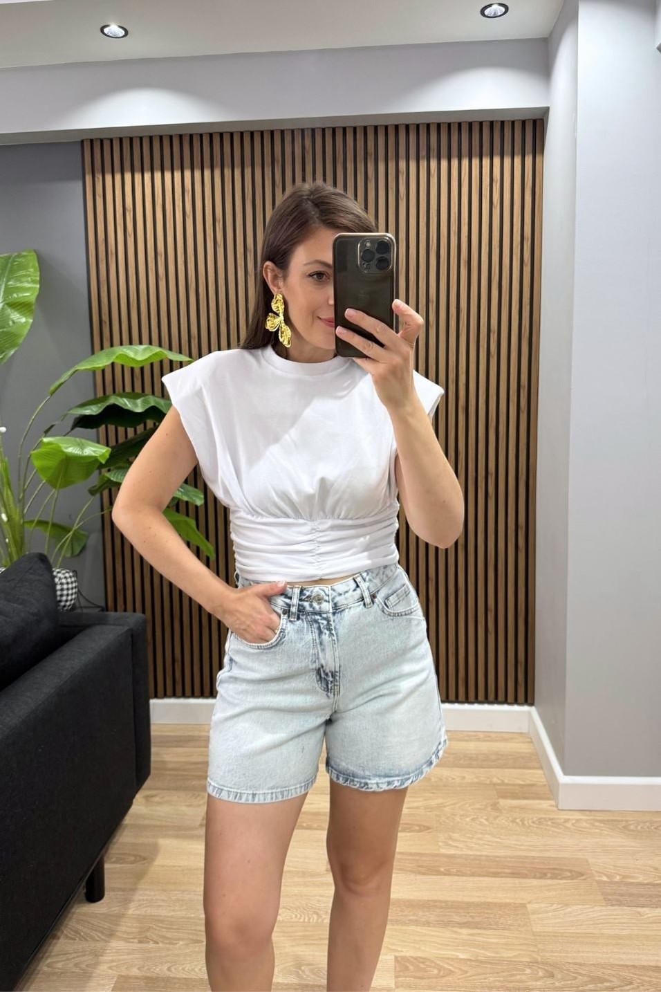 ŞortYüksek Bel Denim Şort Buz Mavi