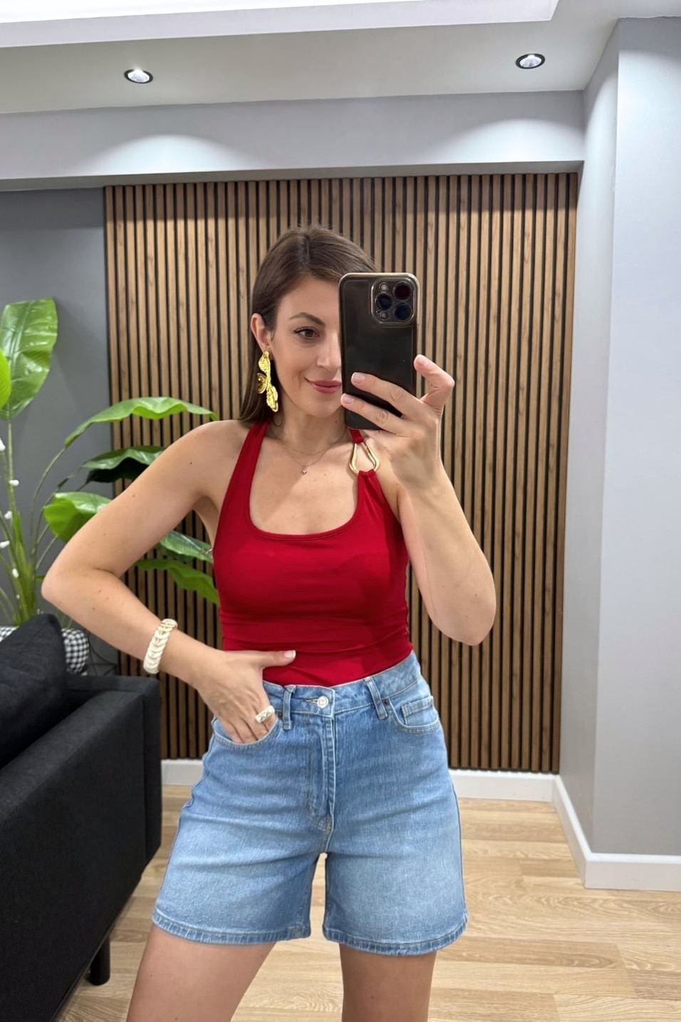 ŞortYüksek Bel Denim Şort Taşlanmış Mavi