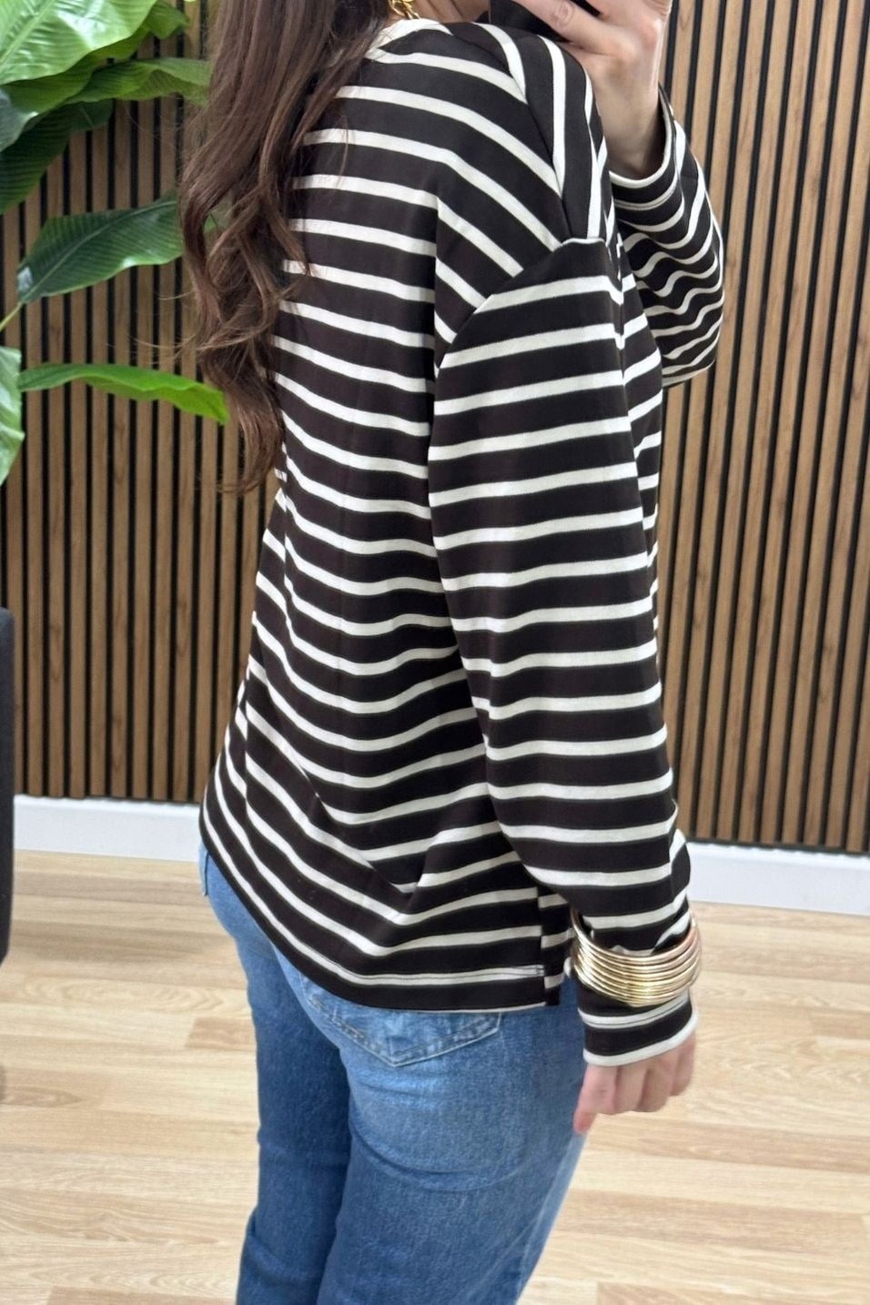 SweatshirtBisiklet Yaka Çizgili Oversize Sweat Kahverengi