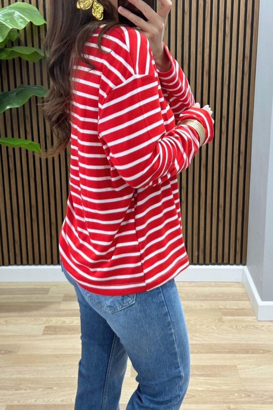 SweatshirtBisiklet Yaka Çizgili Oversize Sweat Kırmızı