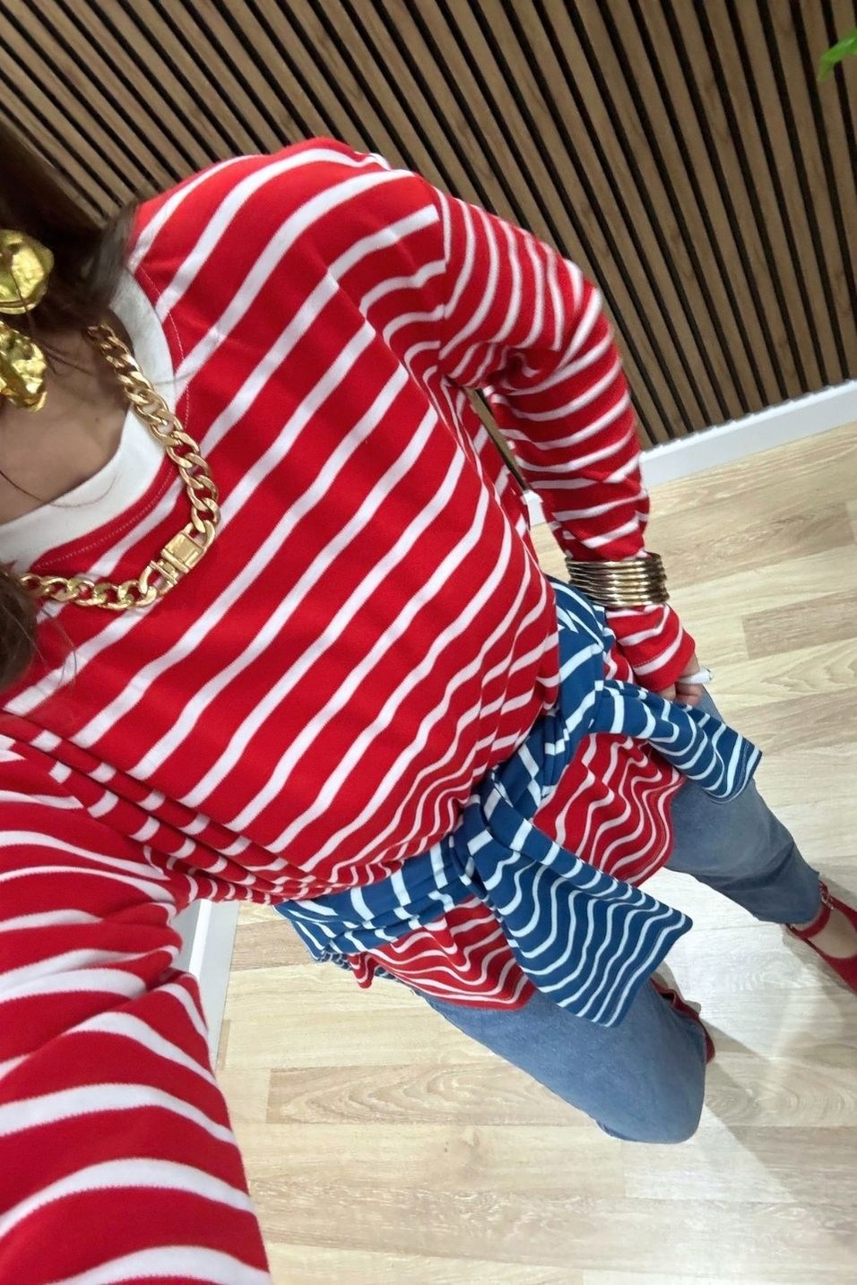 SweatshirtBisiklet Yaka Çizgili Oversize Sweat Kırmızı