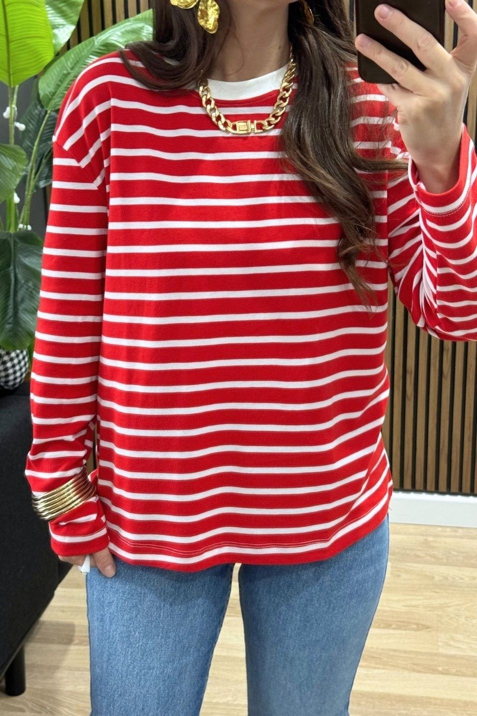 SweatshirtBisiklet Yaka Çizgili Oversize Sweat Kırmızı