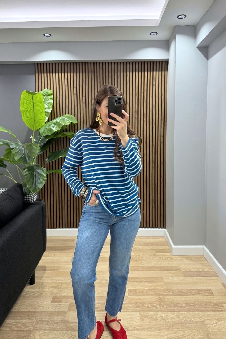 SweatshirtBisiklet Yaka Çizgili Oversize Sweat Mavi