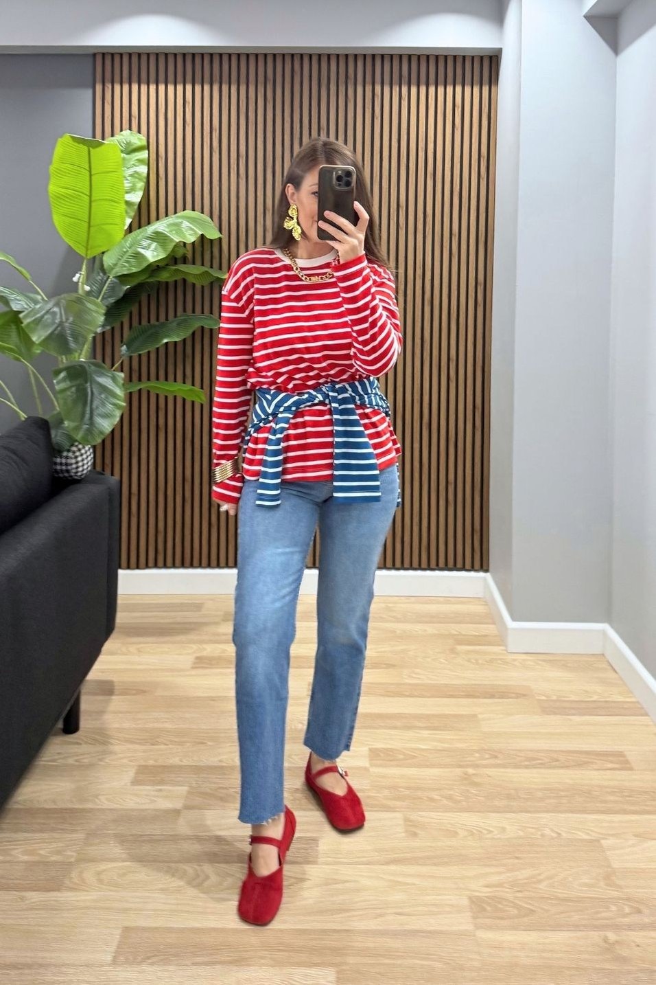 SweatshirtBisiklet Yaka Çizgili Oversize Sweat Kırmızı