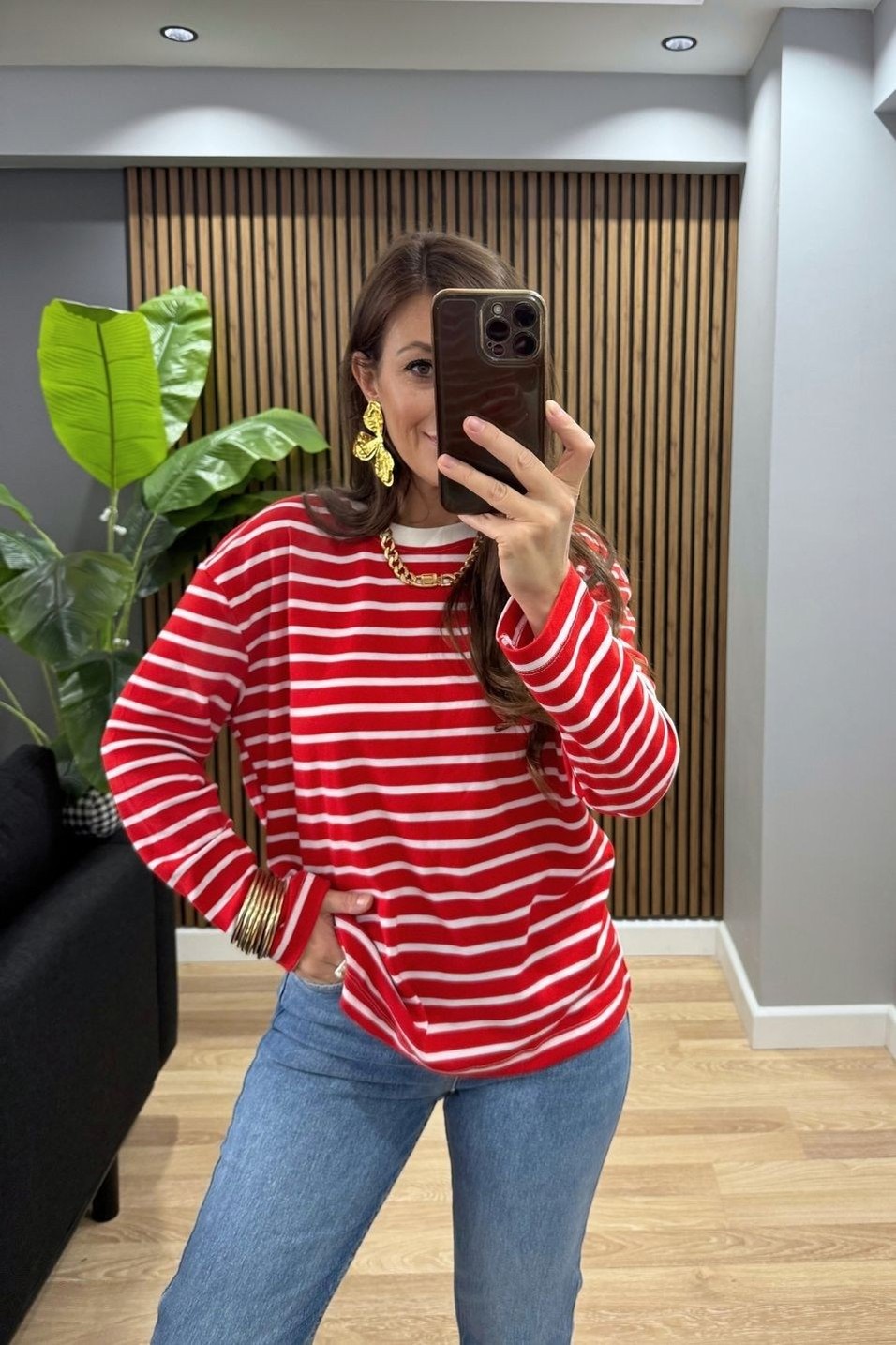 SweatshirtBisiklet Yaka Çizgili Oversize Sweat Kırmızı