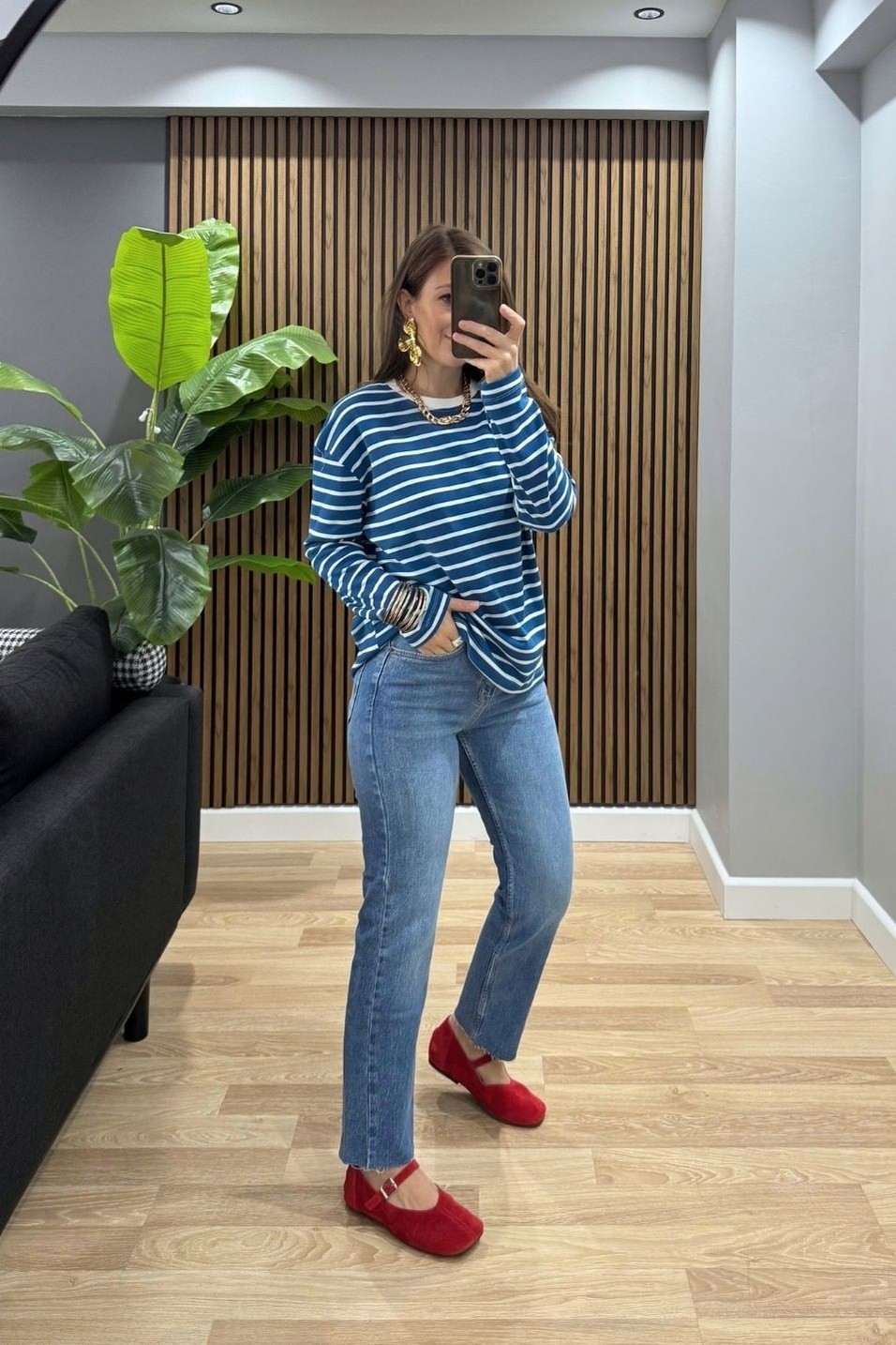 SweatshirtBisiklet Yaka Çizgili Oversize Sweat Mavi