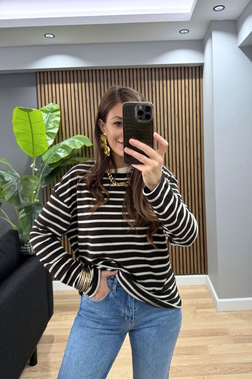 SweatshirtBisiklet Yaka Çizgili Oversize Sweat Kahverengi