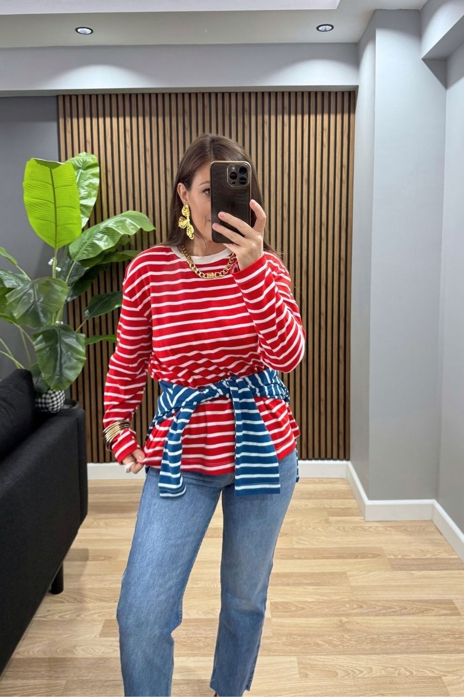 SweatshirtBisiklet Yaka Çizgili Oversize Sweat Kırmızı