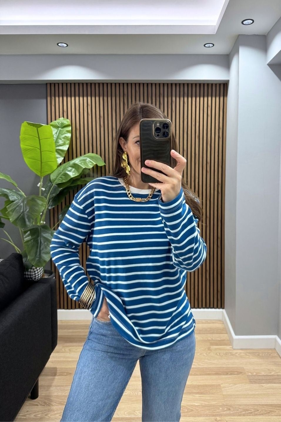 SweatshirtBisiklet Yaka Çizgili Oversize Sweat Mavi