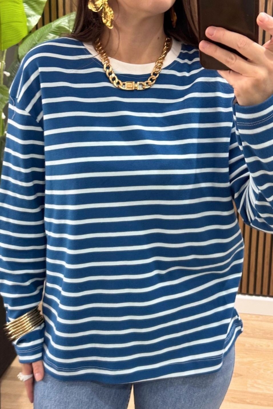 SweatshirtBisiklet Yaka Çizgili Oversize Sweat Mavi